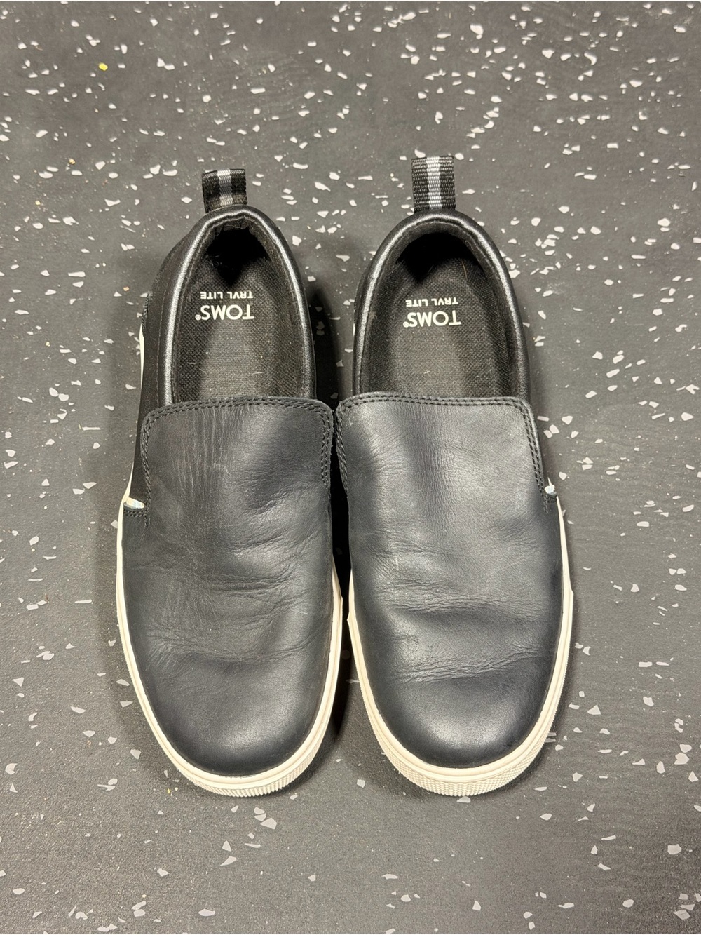 Toms Black Leather Slip-On Loafers with White Sole